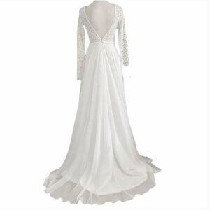 BRIDAL WHITE LACE LONG SLEEVE BACKLESS V-NECKLINE TRAINED WEDDING GOWN DRESS